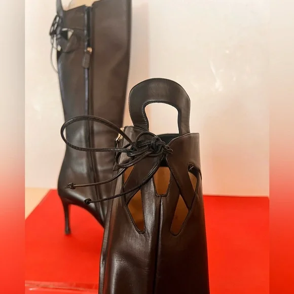 Valentino Gravani Leather Black Bow Italy tall Boots Italy Size 37.5 37 1/2 - Picture 5 of 13